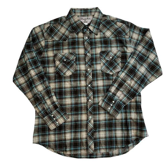 Wrangler Wrancher Flannel Long Sleeved Shirt Pearl Snaps Brown Plaid Size XL - Picture 1 of 14